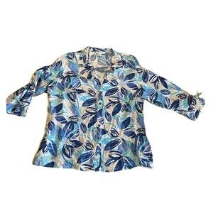 JM Collection Women 20W Shirt Blue White Beige Floral Linen Button Up 3/4 Sleeve
